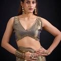 Olive Gold Satin Silk Saree with Floral Print Designer Blouse