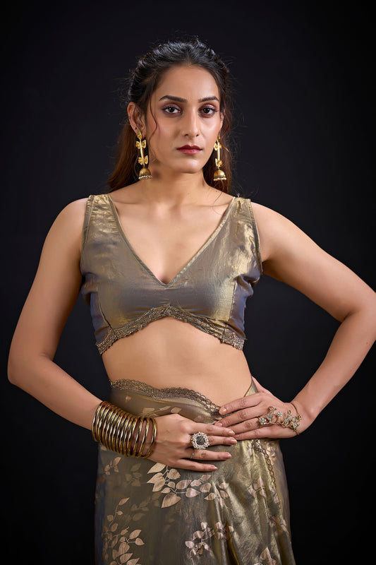 Olive Gold Satin Silk Saree with Floral Print Designer Blouse