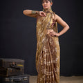 Coffee Brown Satin Silk Saree with Floral Print Designer Blouse