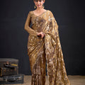 Coffee Brown Satin Silk Saree with Floral Print Designer Blouse 