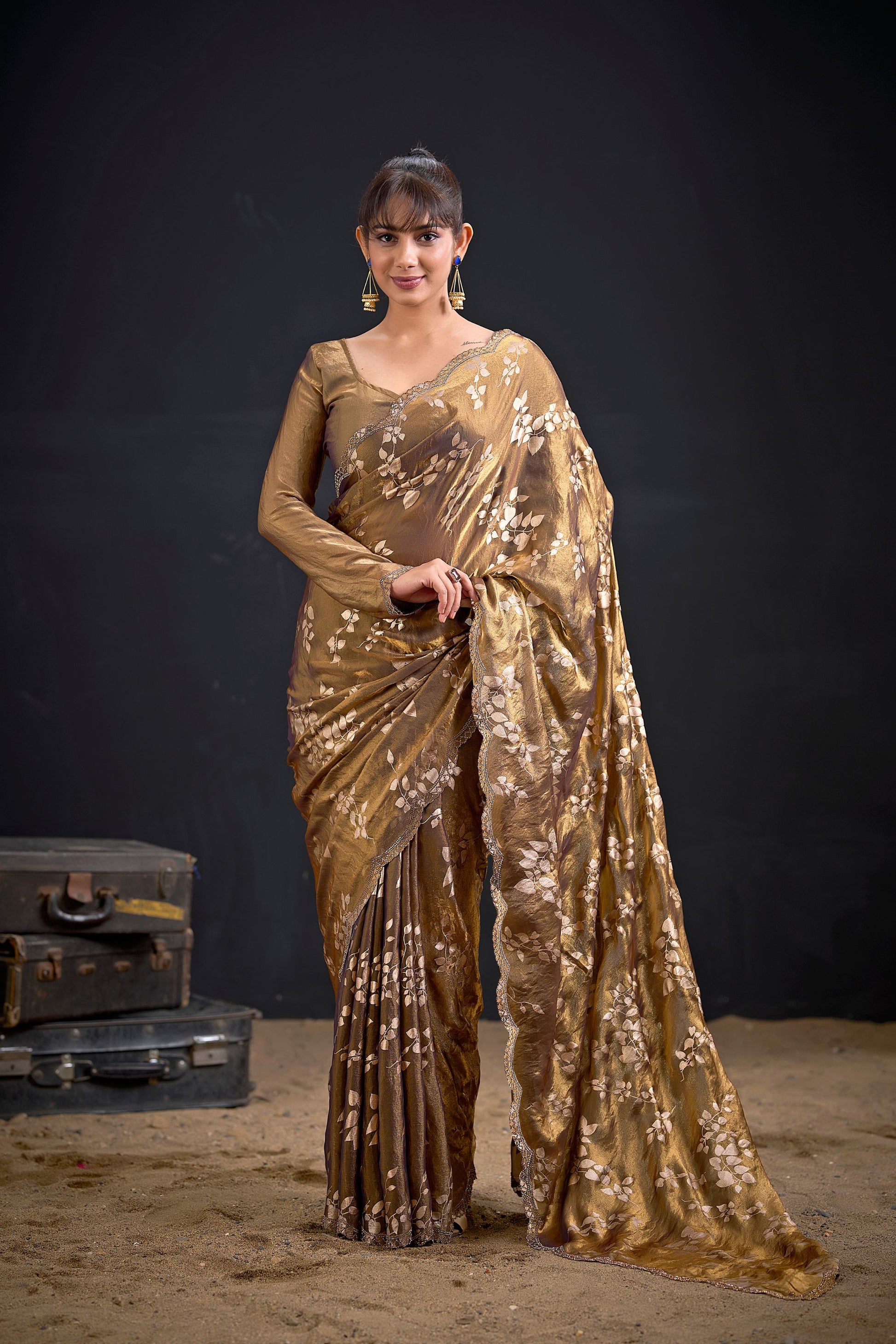 Coffee Brown Satin Silk Saree with Floral Print Designer Blouse 