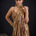 Coffee Brown Satin Silk Saree with Floral Print Designer Blouse