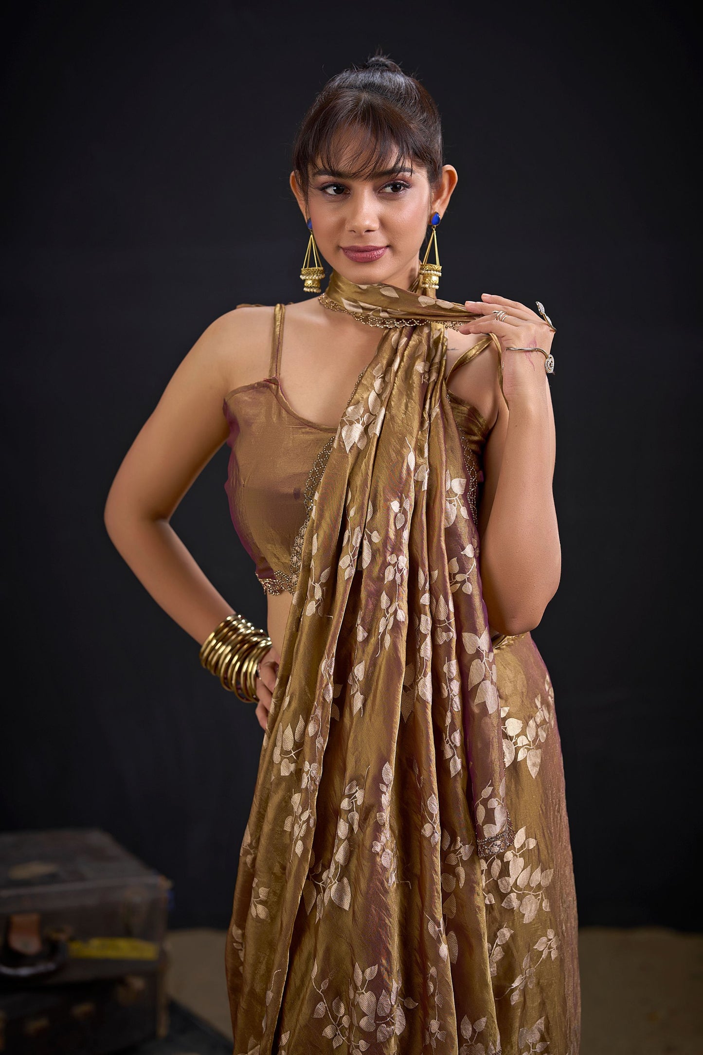 Coffee Brown Satin Silk Saree with Floral Print Designer Blouse