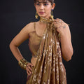 Coffee Brown Satin Silk Saree with Floral Print Designer Blouse