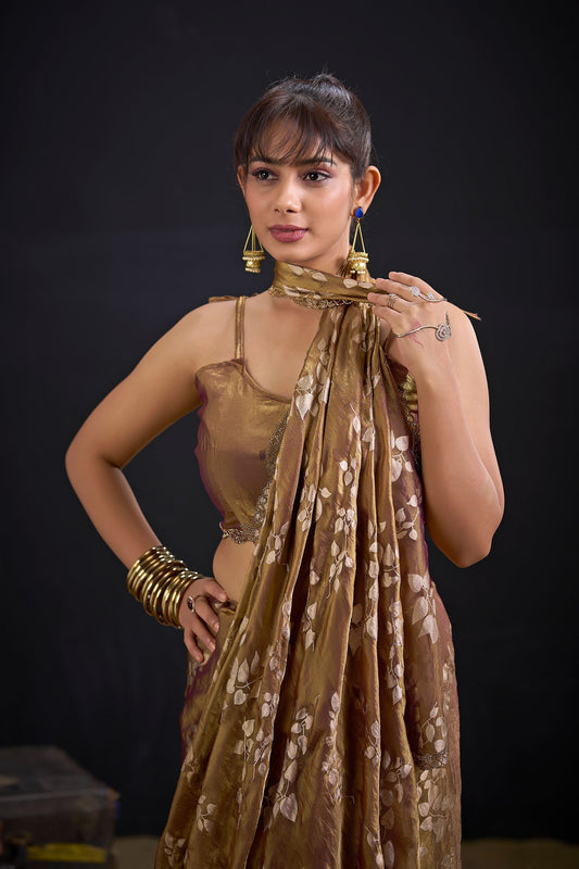 Coffee Brown Satin Silk Saree with Floral Print Designer Blouse