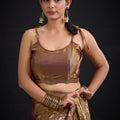 Coffee Brown Satin Silk Saree with Floral Print Designer Blouse