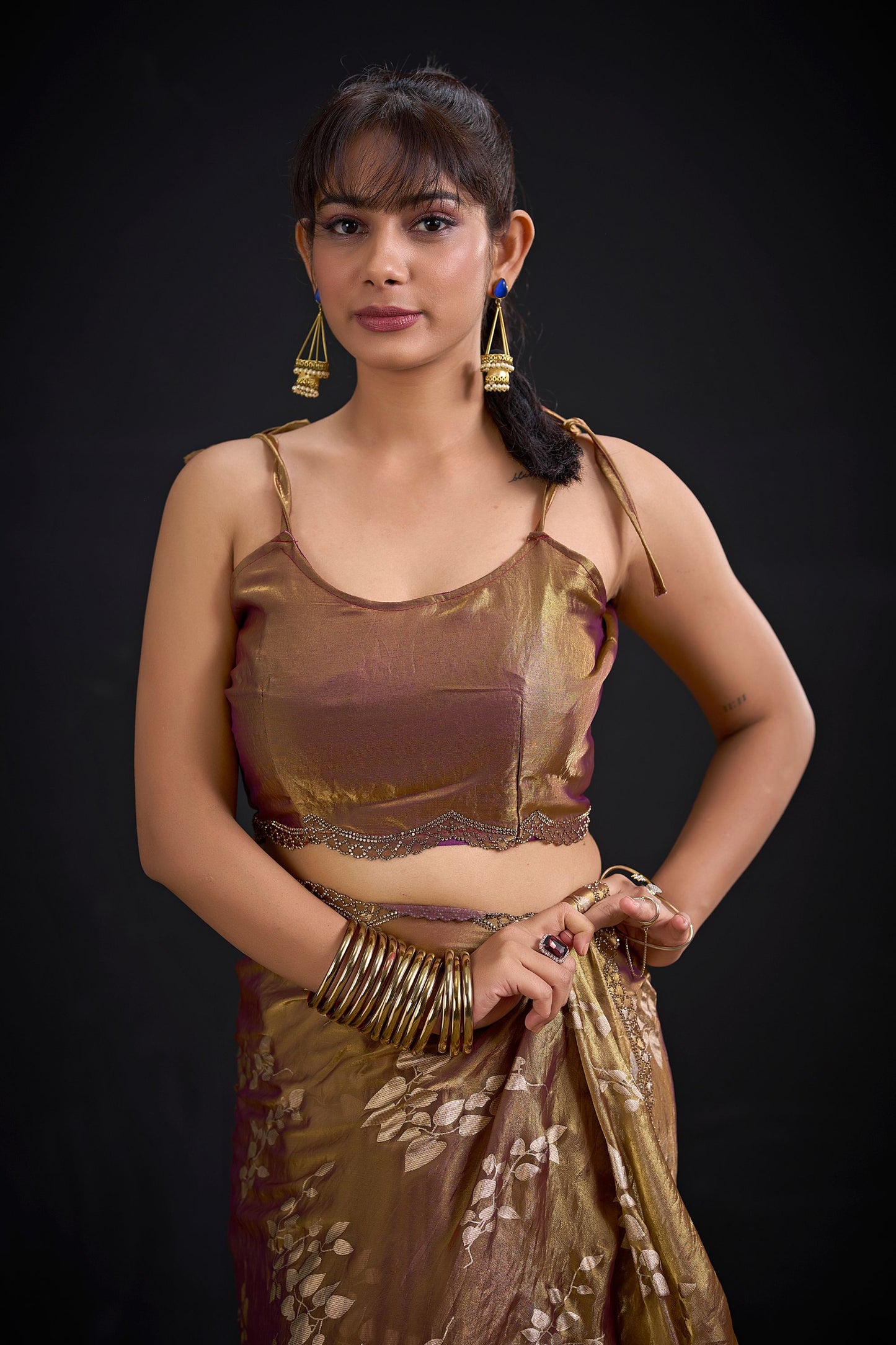 Coffee Brown Satin Silk Saree with Floral Print Designer Blouse