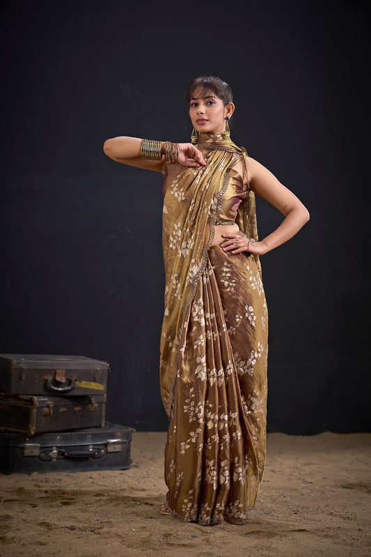 Coffee Brown Satin Silk Saree with Floral Print Designer Blouse