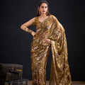 Antique Gold Satin Silk Saree with Floral Print Designer Blouse 