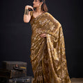 Antique Gold Satin Silk Saree with Floral Print Designer Blouse