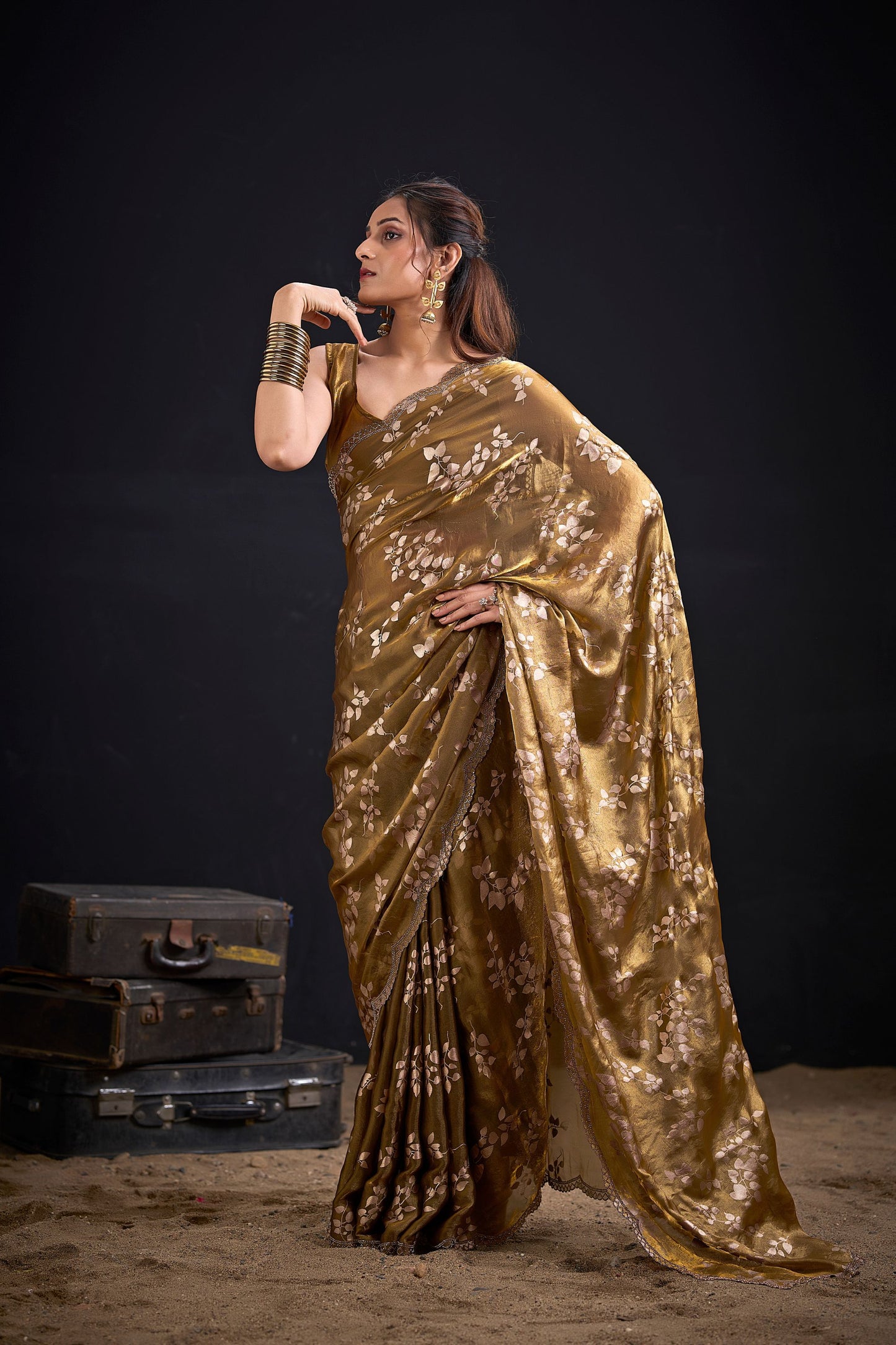 Antique Gold Satin Silk Saree with Floral Print Designer Blouse