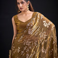 Antique Gold Satin Silk Saree with Floral Print Designer Blouse