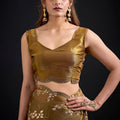 Antique Gold Satin Silk Saree with Floral Print Designer Blouse