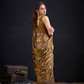 Antique Gold Satin Silk Saree with Floral Print Designer Blouse
