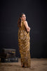 Antique Gold Satin Silk Saree with Floral Print Designer Blouse