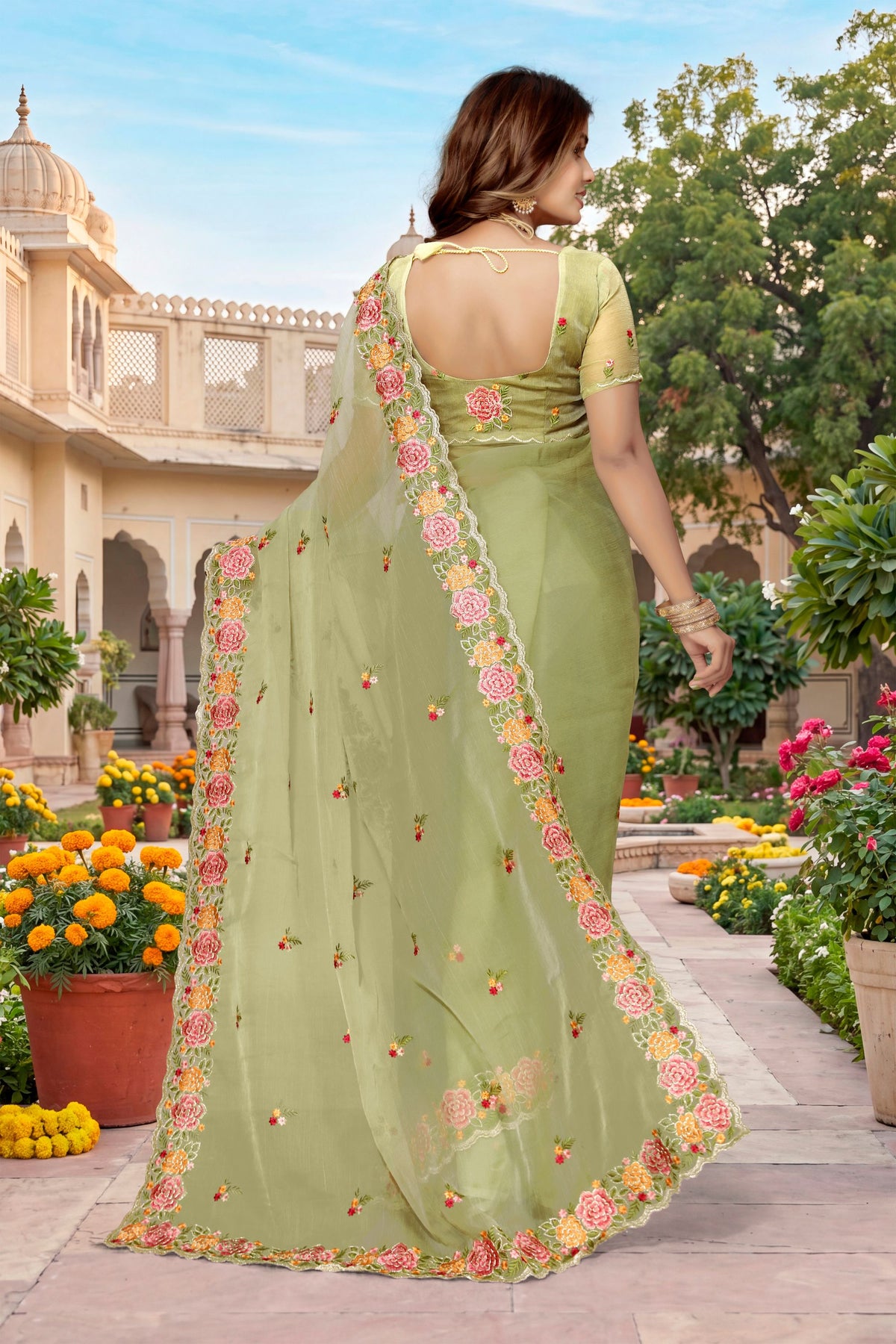 Elegant Pista Green Vari Silk Heavy Resham Embroidery Work Saree for Women