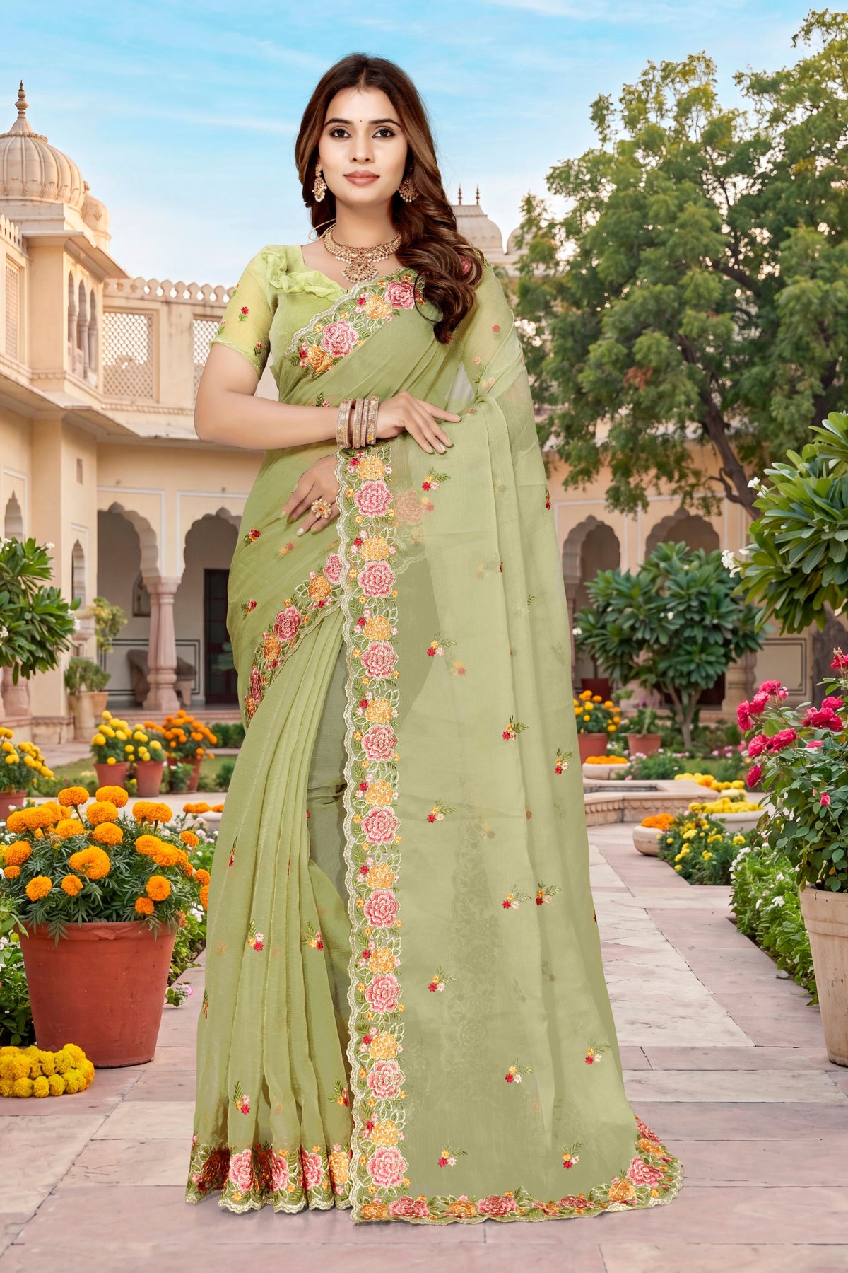 Elegant Pista Green Vari Silk Heavy Resham Embroidery Work Saree for Women