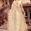 Stylish Cream Vari Silk Heavy Resham Embroidery Work Saree for Women