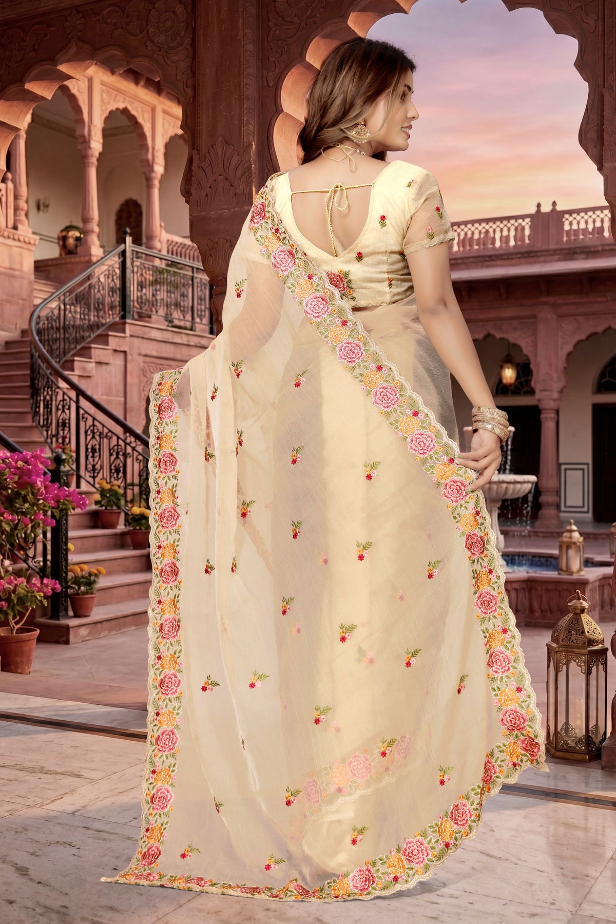 Stylish Cream Vari Silk Heavy Resham Embroidery Work Saree for Women