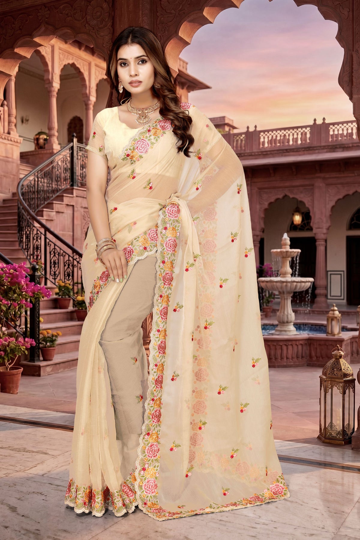 Stylish Cream Vari Silk Heavy Resham Embroidery Work Saree for Women