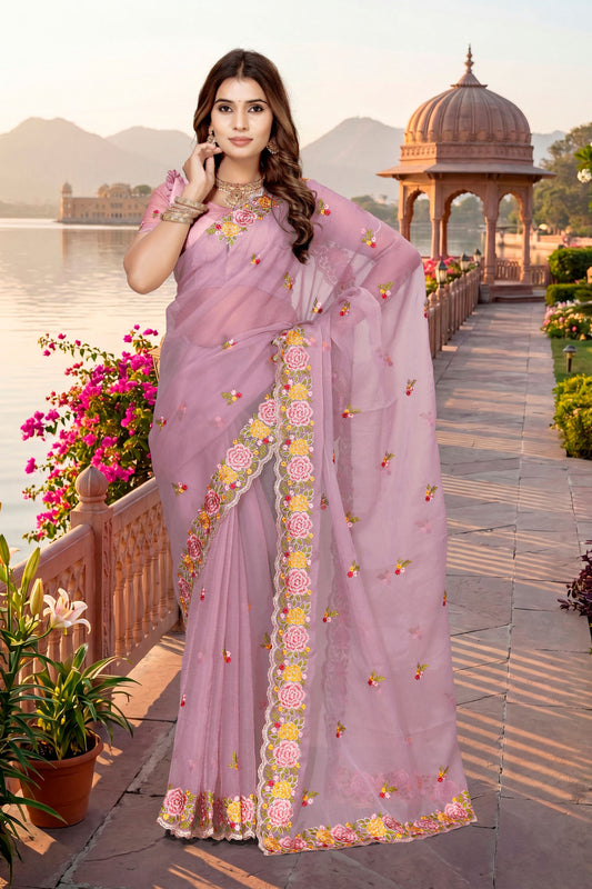 Stylish Lavender Vari Silk Heavy Resham Embroidery Work Saree for Women