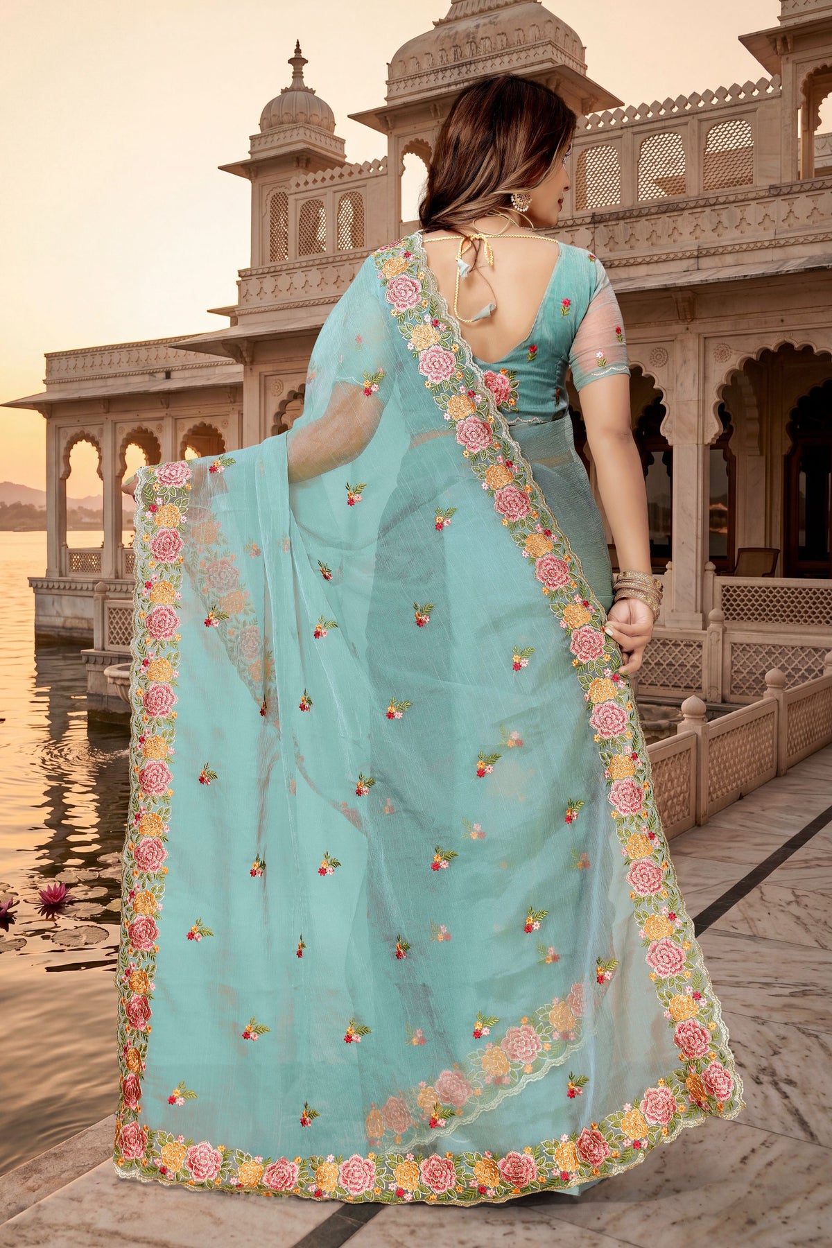 Royal Sky Blue Vari Silk Heavy Resham Embroidery Work Saree for Women