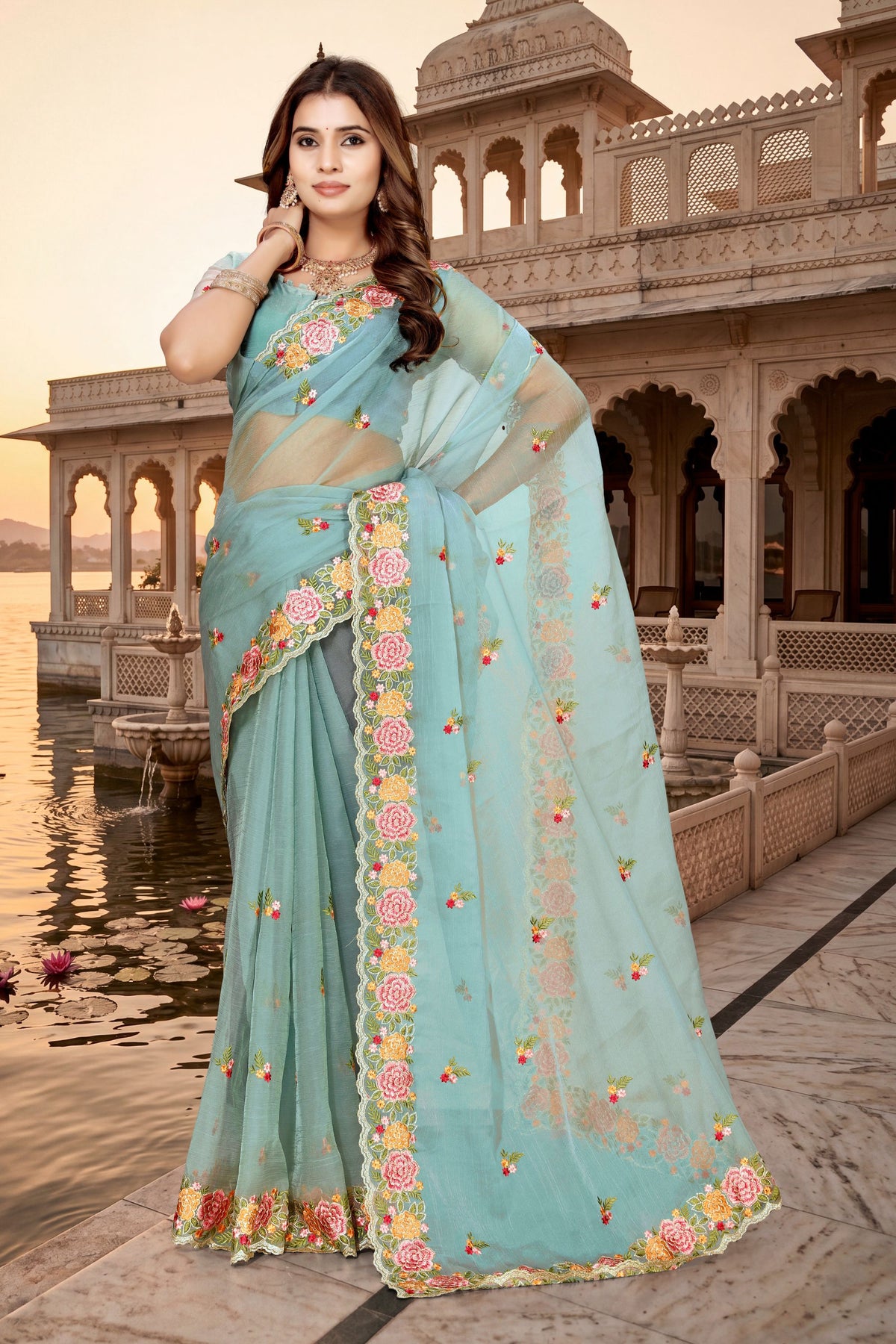 Royal Sky Blue Vari Silk Heavy Resham Embroidery Work Saree for Women