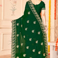 Elegant Dark Green Saree with Golden Border Blouse Piece