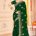 Elegant Dark Green Saree with Golden Border Blouse Piece 