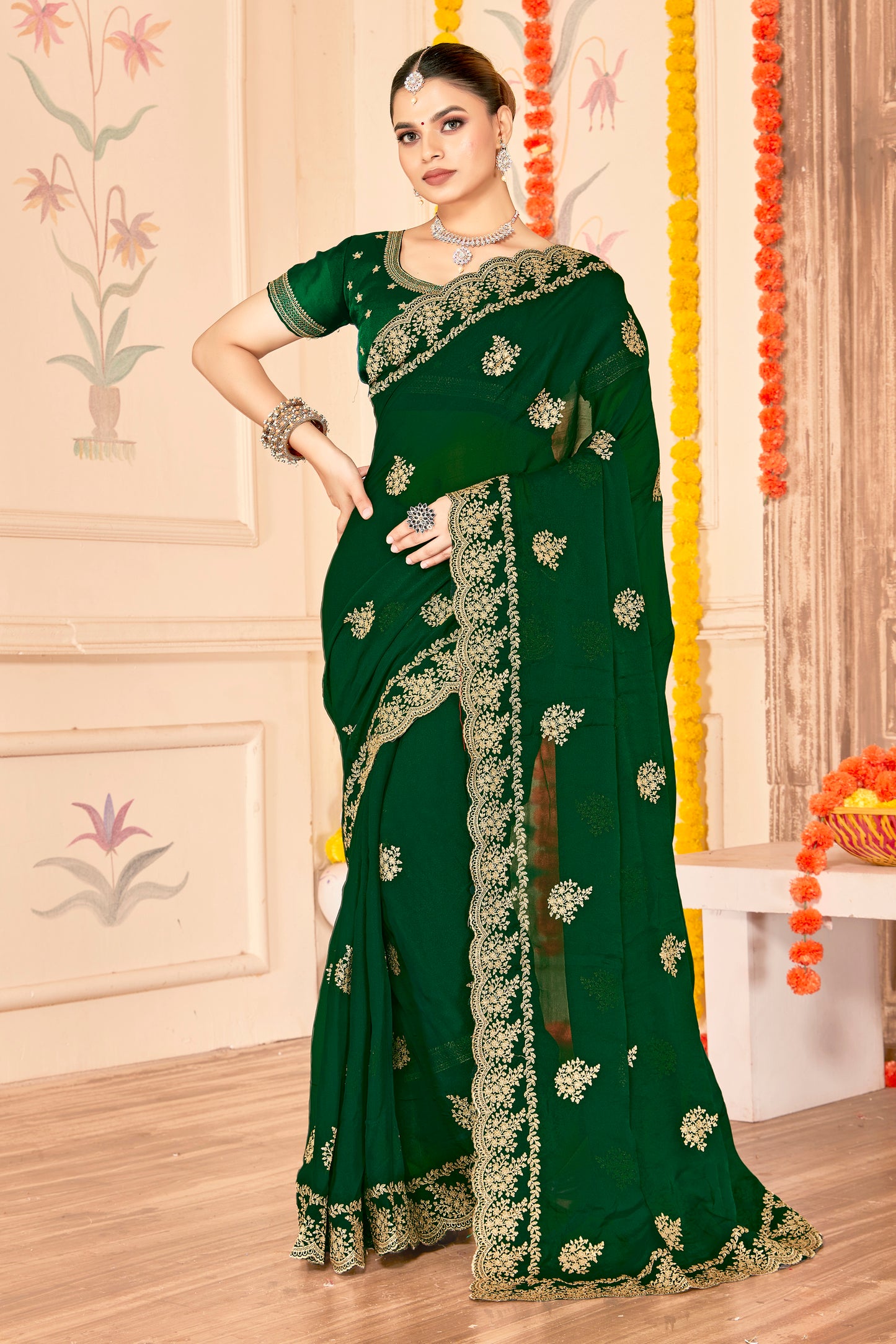 Elegant Dark Green Saree with Golden Border Blouse Piece 
