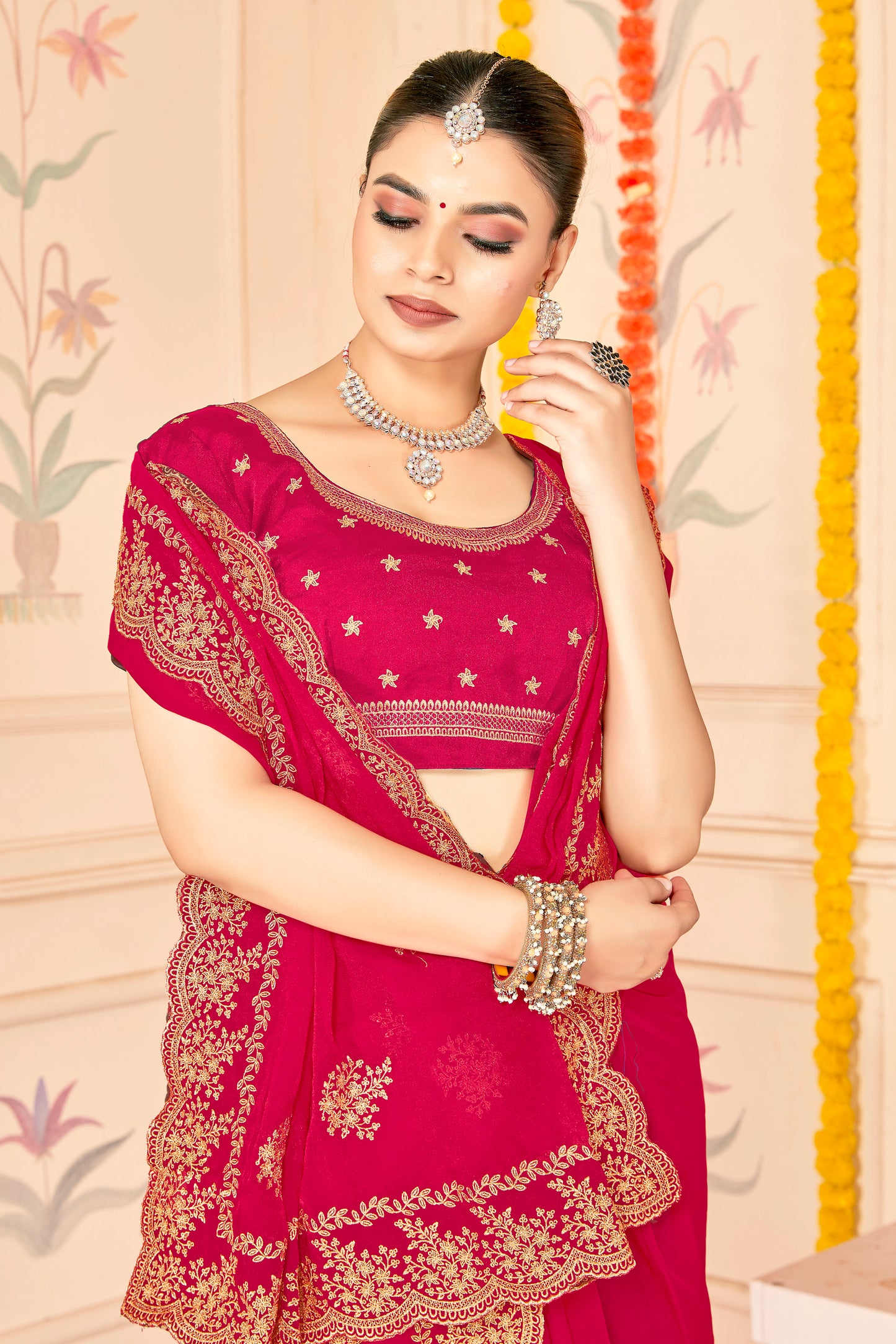 Designer Pink Saree with Golden Blouse Piece Party Wear