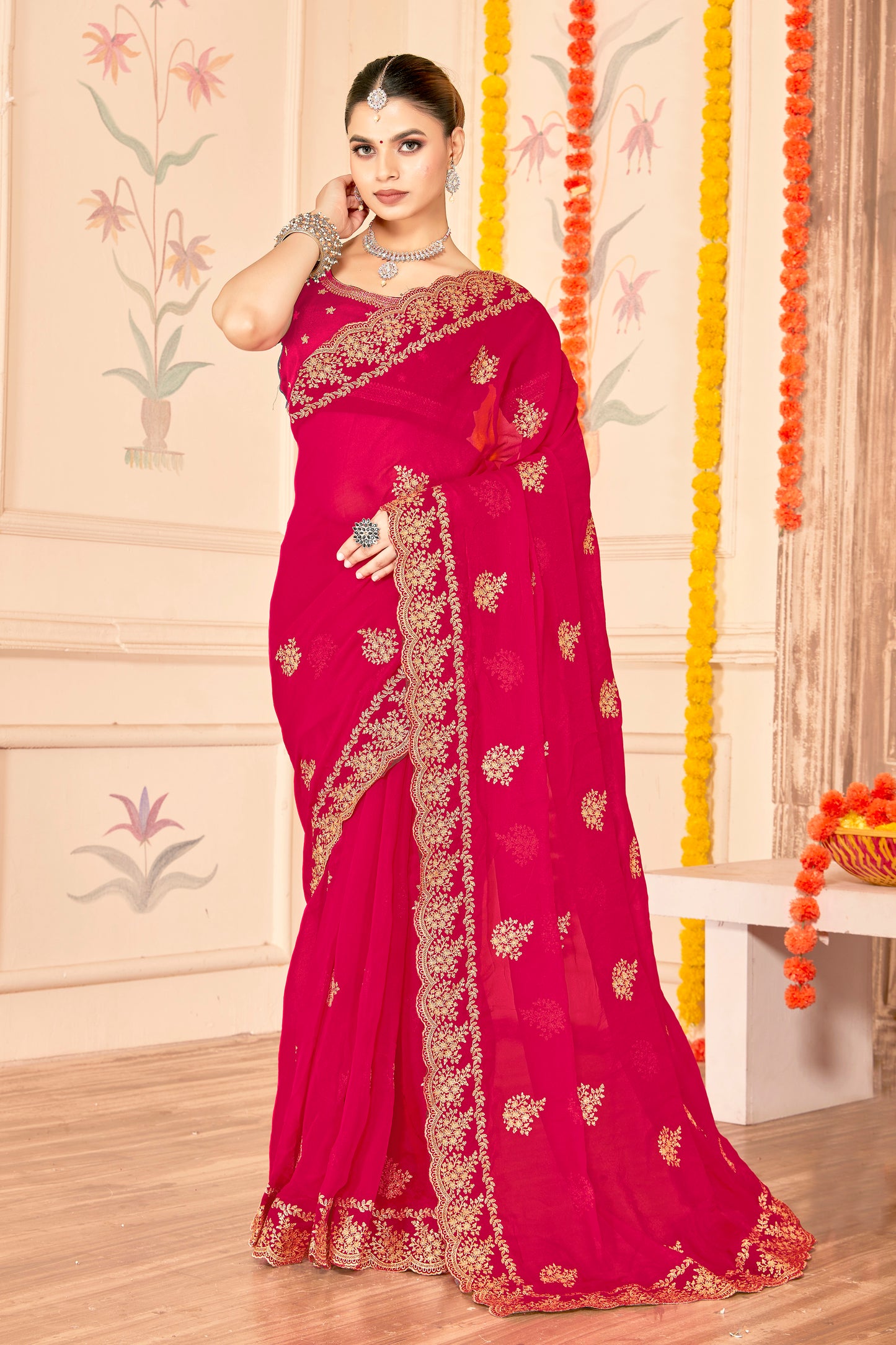 Designer Pink Saree with Golden Blouse Piece Party Wear