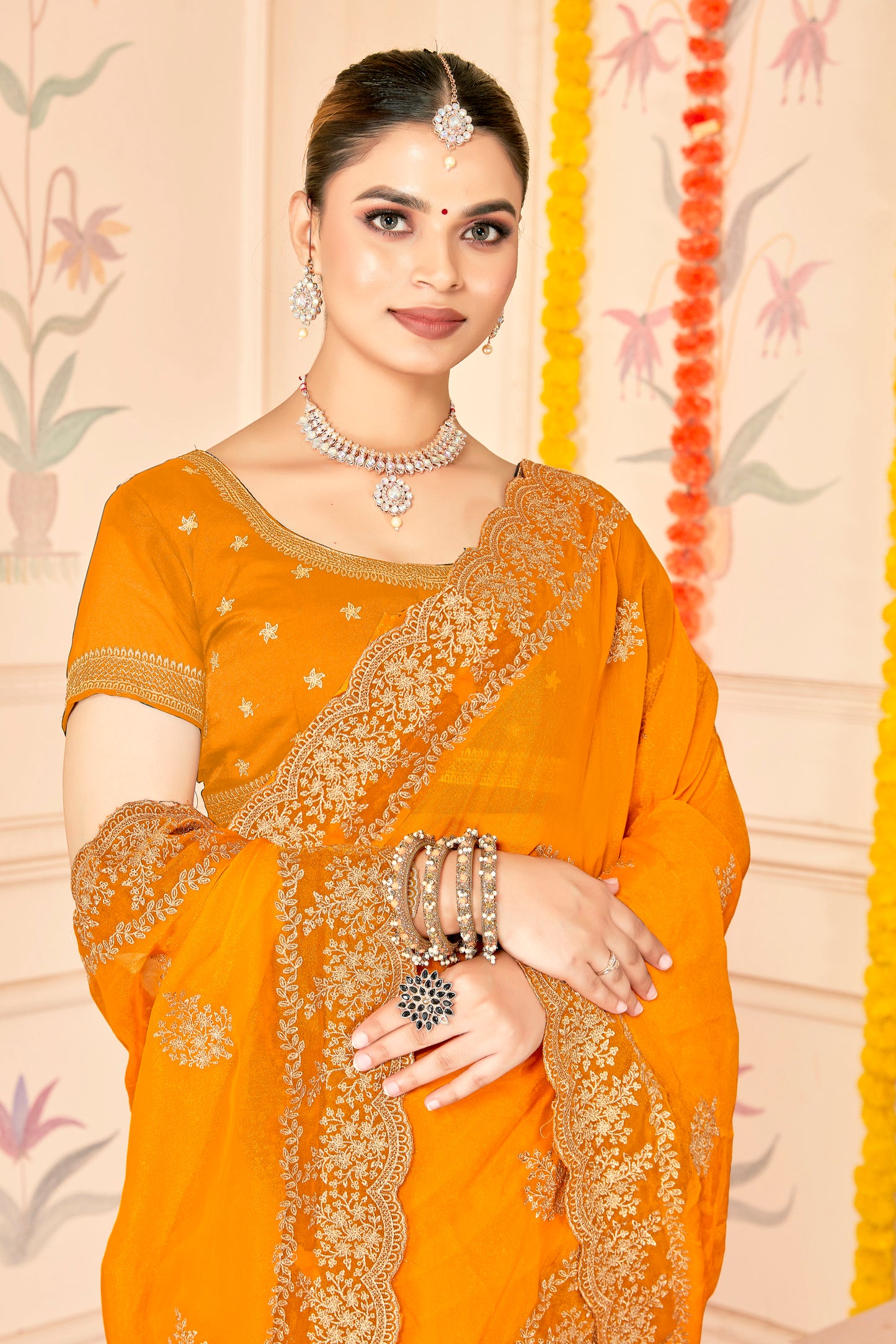 Designer Orange Saree with Golden Blouse Piece Party Wear