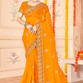 Designer Orange Saree with Golden Blouse Piece Party Wear