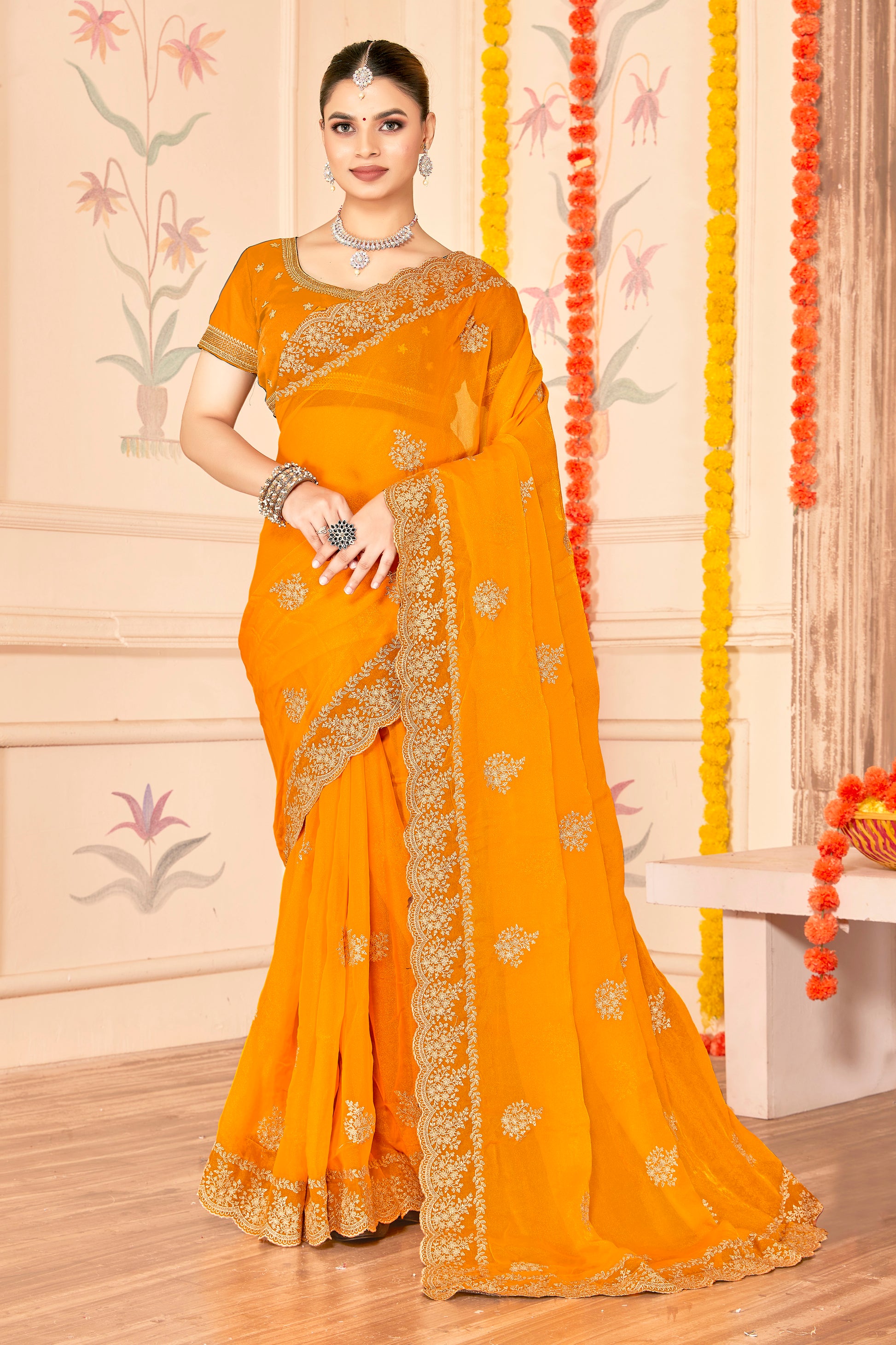 Designer Orange Saree with Golden Blouse Piece Party Wear