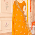 Designer Orange Saree with Golden Blouse Piece Party Wear