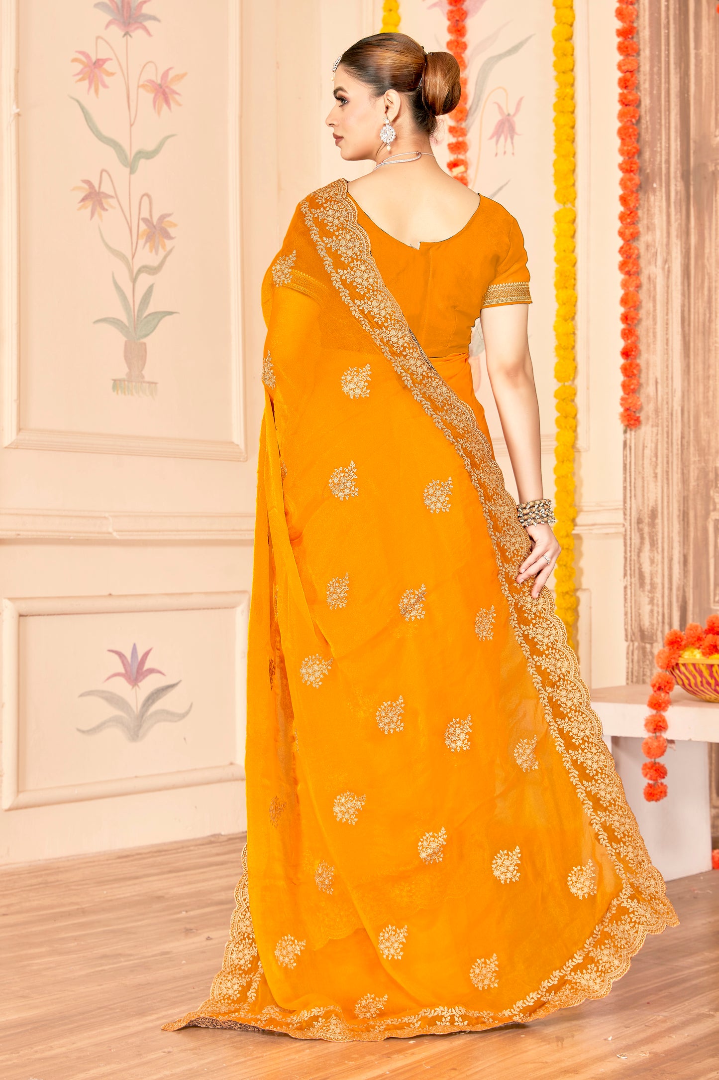 Designer Orange Saree with Golden Blouse Piece Party Wear