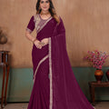 Stylish Wine Soft Fandy Satin Fabric Saree Embroidery Beads Work for Women