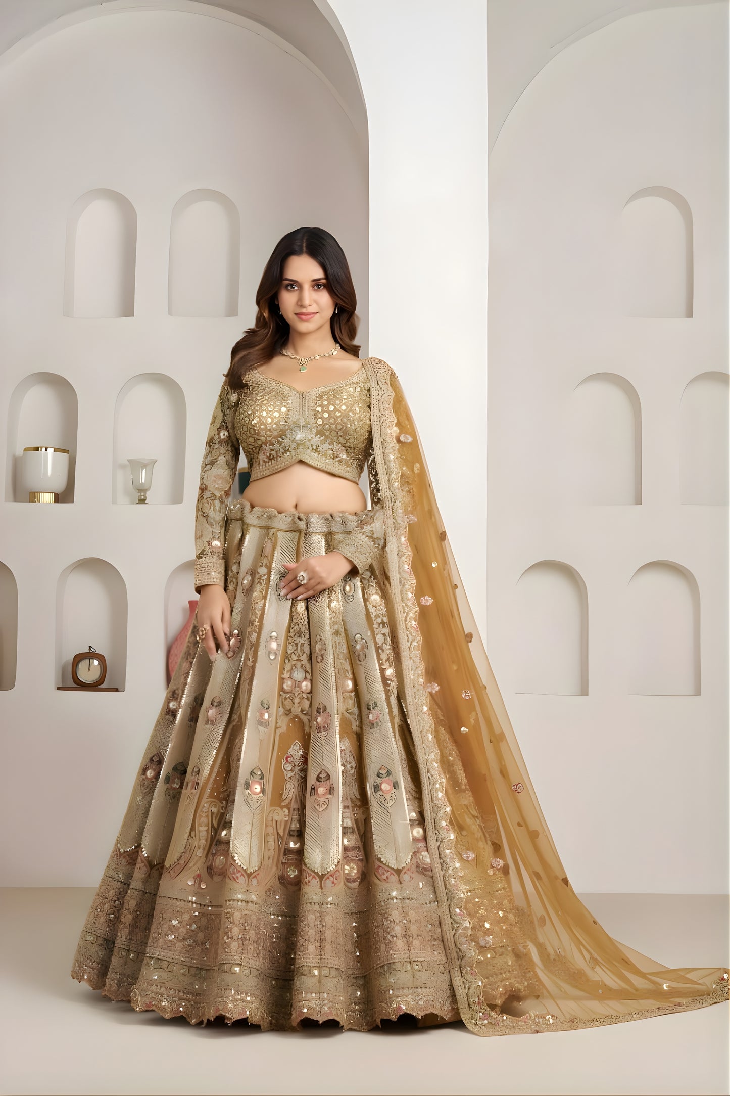 Royal Gold Designer Net Lehenga Choli with Embroidery Work and Matching Dupatta for Wedding