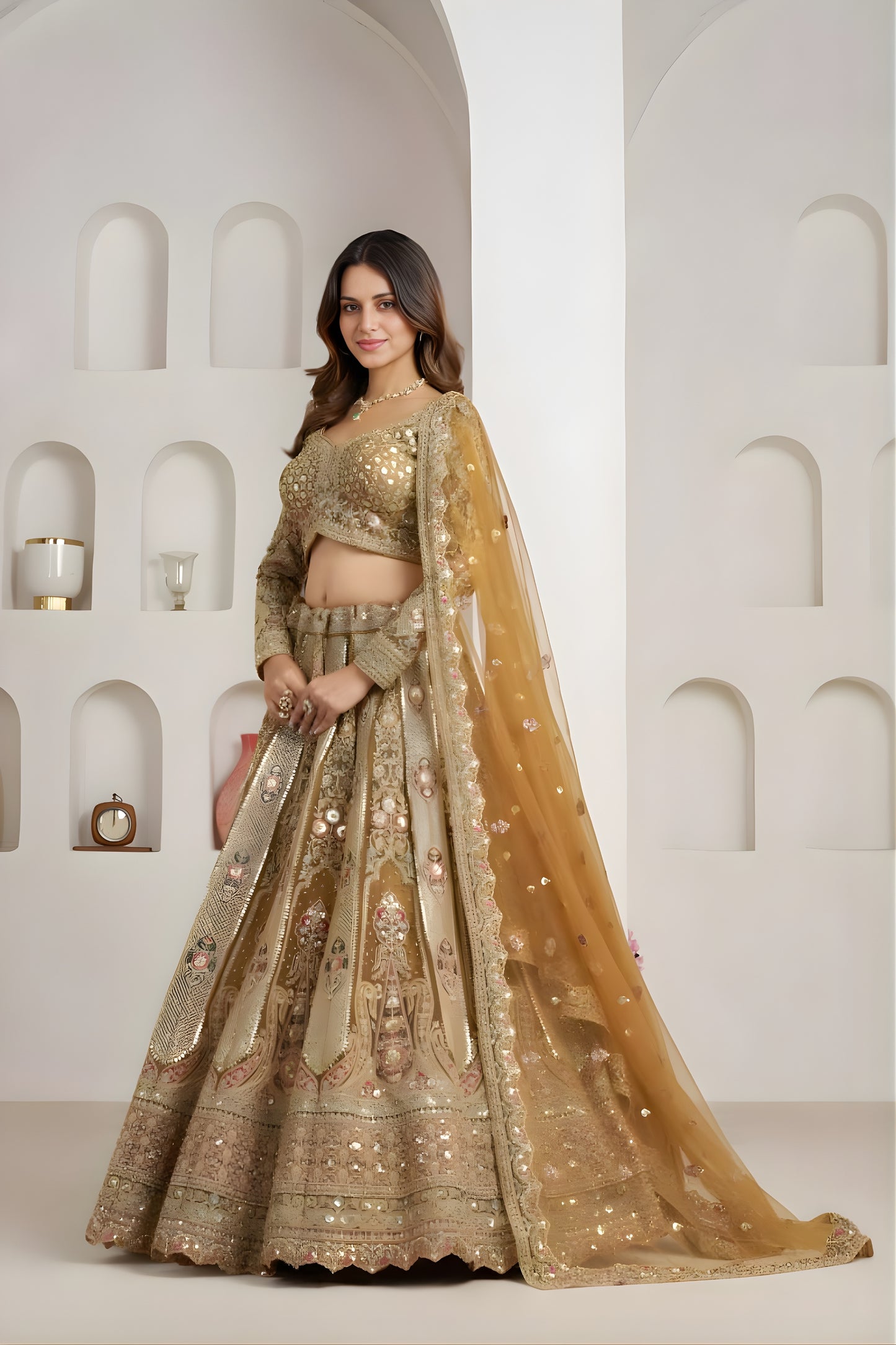 Royal Gold Designer Net Lehenga Choli with Embroidery Work and Matching Dupatta for Wedding