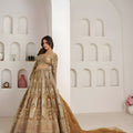 Royal Gold Designer Net Lehenga Choli with Embroidery Work and Matching Dupatta for Wedding