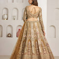 Royal Gold Designer Net Lehenga Choli with Embroidery Work and Matching Dupatta for Wedding