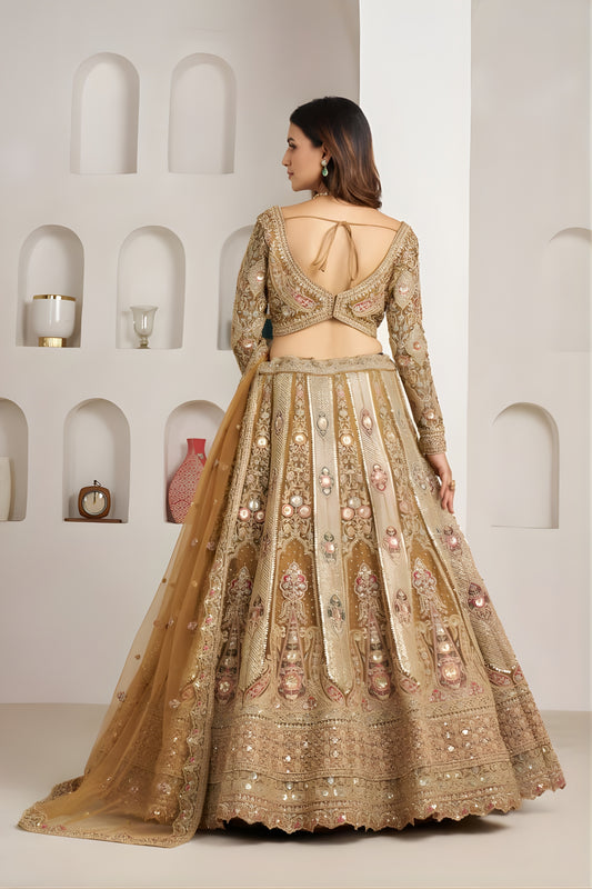 Royal Gold Designer Net Lehenga Choli with Embroidery Work and Matching Dupatta for Wedding
