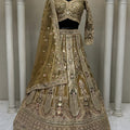 Royal Gold Designer Net Lehenga Choli with Embroidery Work and Matching Dupatta for Wedding