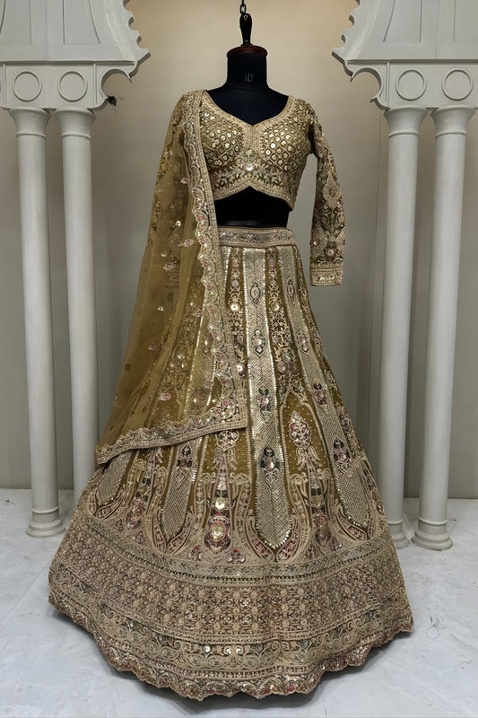 Royal Gold Designer Net Lehenga Choli with Embroidery Work and Matching Dupatta for Wedding