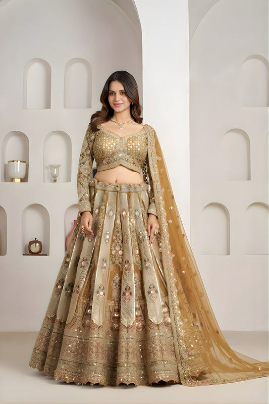Royal Gold Designer Net Lehenga Choli with Embroidery Work and Matching Dupatta for Wedding