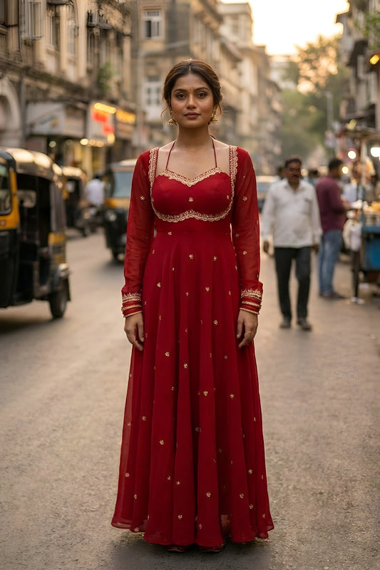 Royal Red Embroidered Georgette Wedding Gown for Women