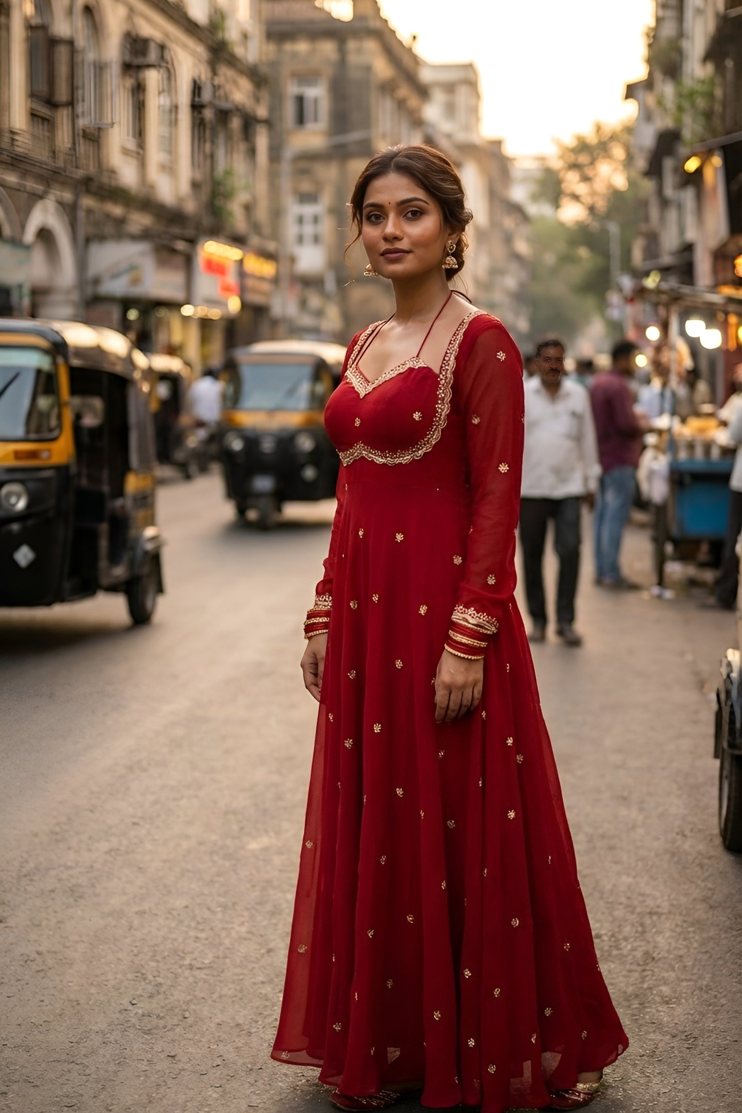 Royal Red Embroidered Georgette Wedding Gown for Women