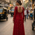 Royal Red Embroidered Georgette Wedding Gown for Women