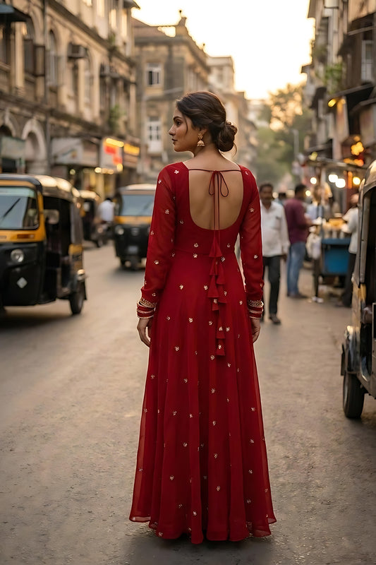 Royal Red Embroidered Georgette Wedding Gown for Women